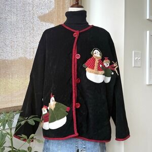 Vintage Black Velvet Snowman Cardigan Sweater One Size Holiday Ugly Christmas